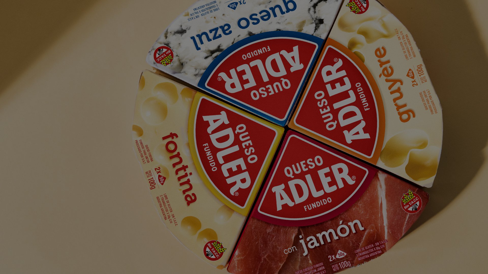 A round cheese package divided into four sections labeled fontina, gorgonzola, gruyère, and ham. Each section shows a sample of the cheese.