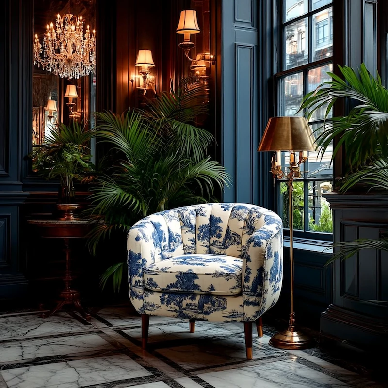 White and blue french toile chair in front of window in elegant room
