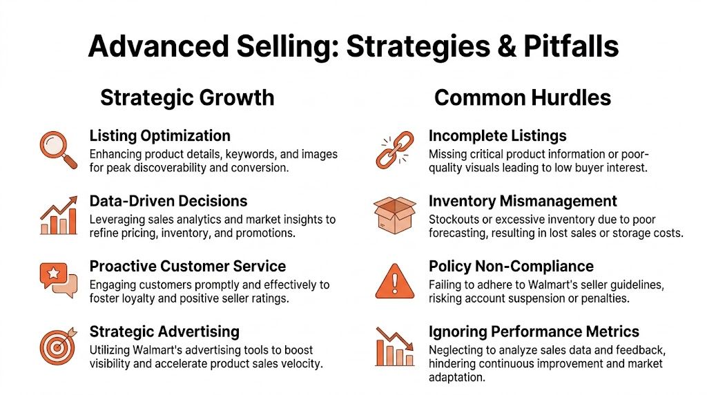 An infographic titled Advanced Selling: Strategies & Pitfalls, comparing growth strategies against common seller hurdles on Walmart.