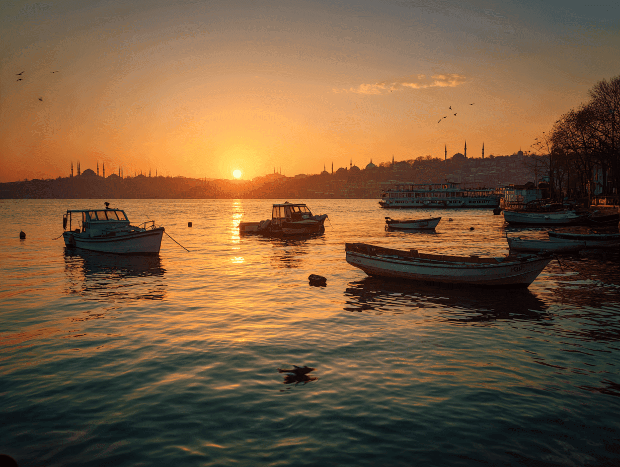 Panoramic view of the Bosphorus from the European side of Istanbul including Ortaköy and Bebek shoreline.