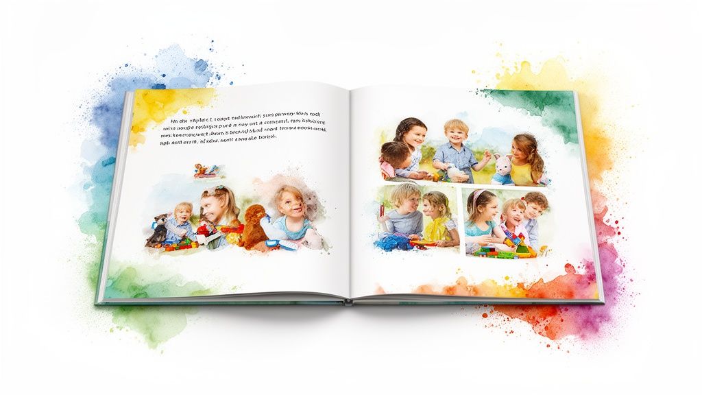 Colorful open storybook showcasing joyful children playing and learning, with artistic watercolor background.