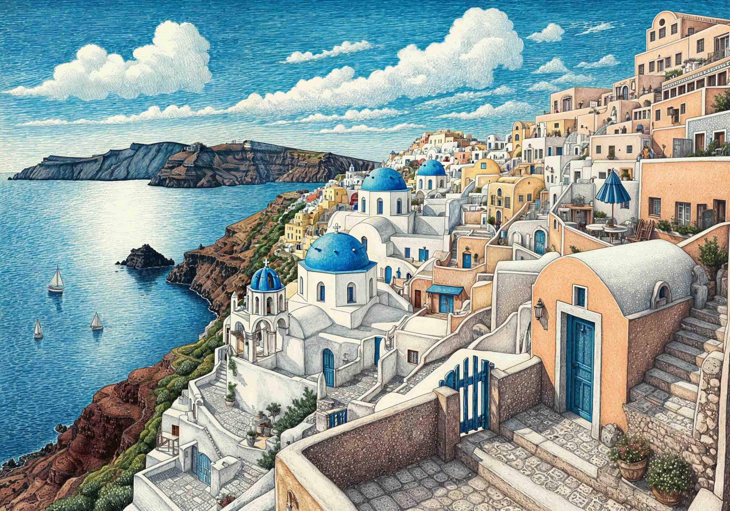 Detailed illustration of Santorini, Greece, featuring whitewashed buildings with blue domes cascading down a cliffside, overlooking the deep blue Aegean Sea with sailboats in the distance.