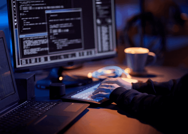 Close up of hacker in dark room