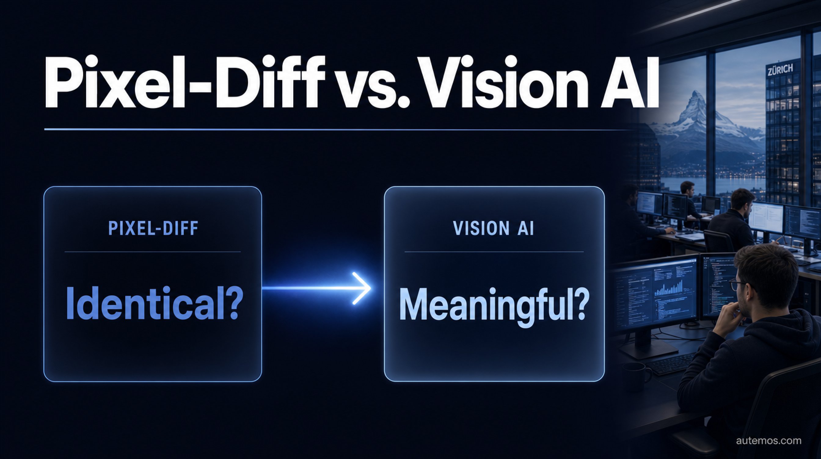 Bold editorial graphic: Pixel-Diff asks 'Identical?', Vision AI asks 'Meaningful?' – the semantic shift in visual testing.