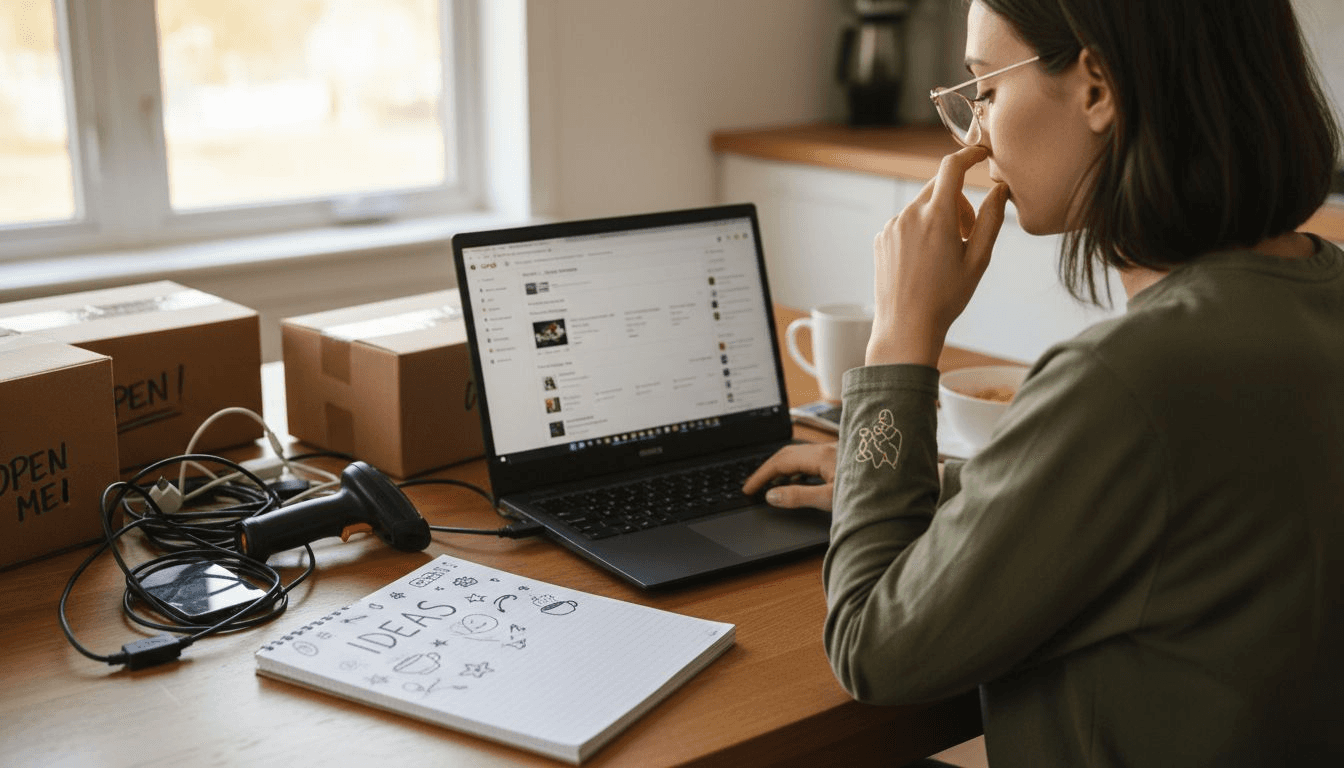 Checking Google Shopping Ads at kitchen table