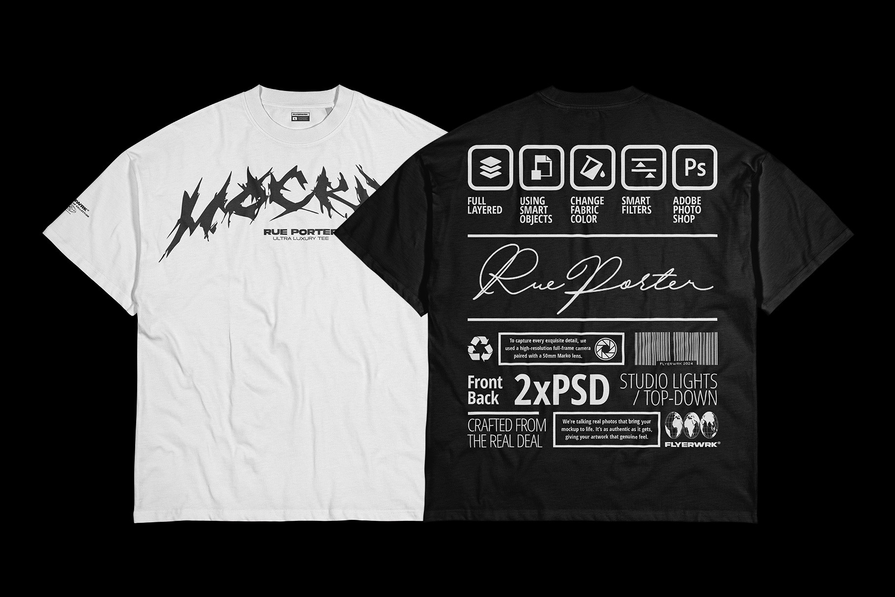 Rue Porter T-Shirt wrinkled mockup front and back view with customizable design