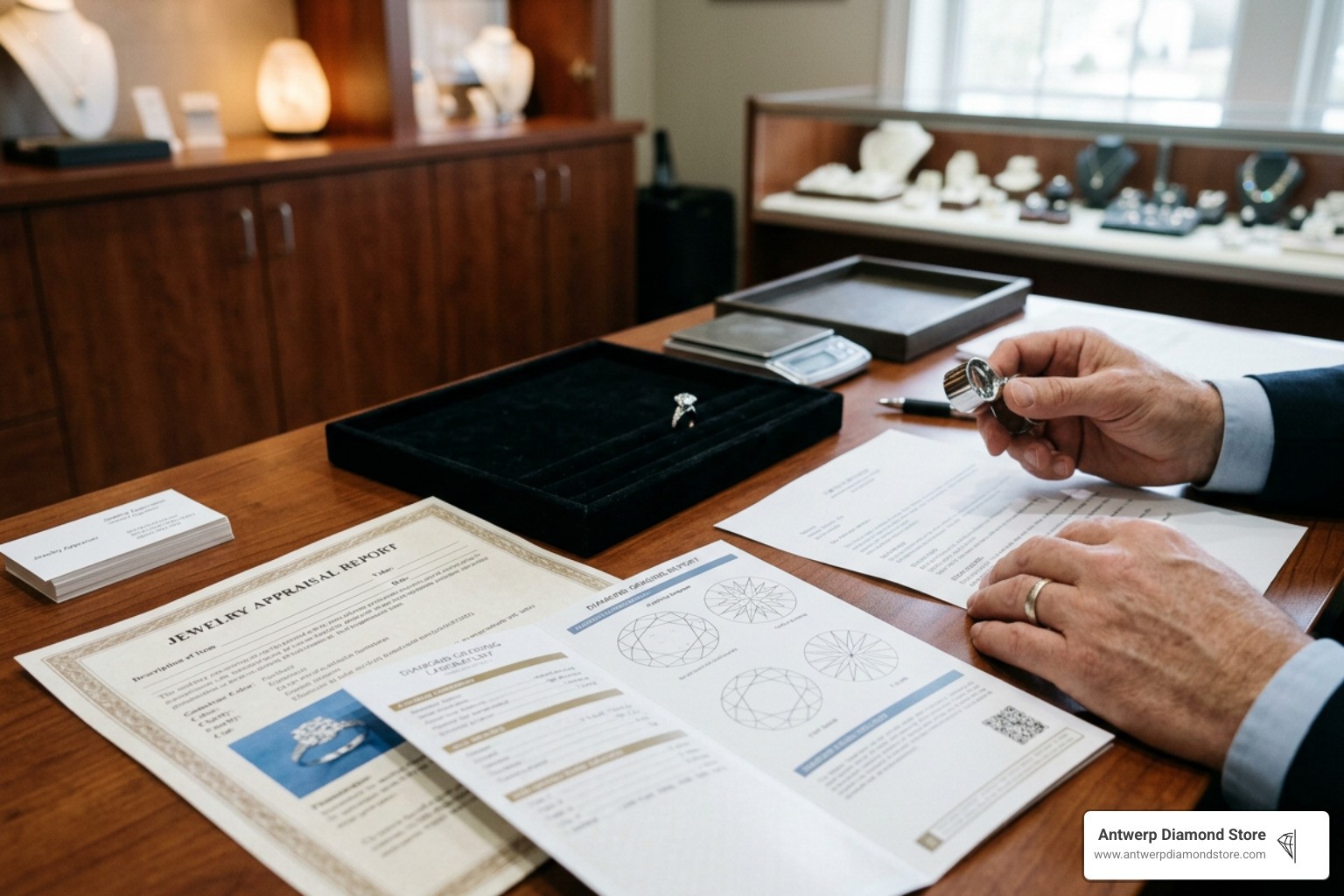 jewelry appraisal documents, lab certificates, and diamond ring