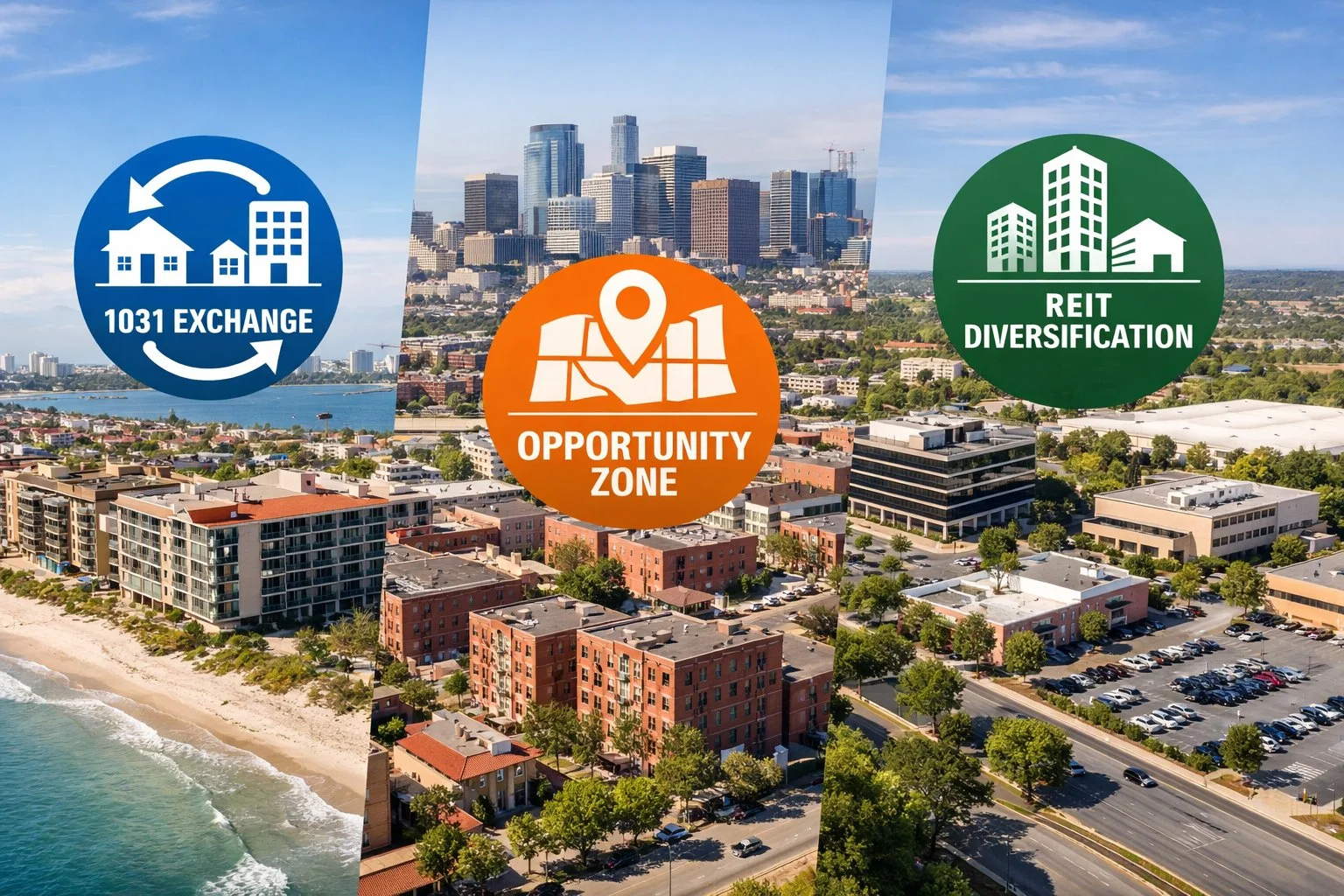 Visual of multiple real estate properties with overlay icons representing 1031 exchanges, opportunity zones, and REIT diversification.