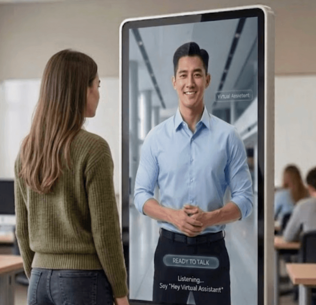 Woman with windblown short hair.