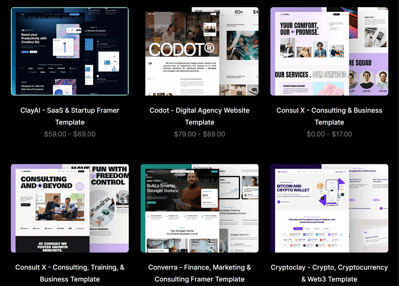 Six website templates displayed with titles and price ranges.