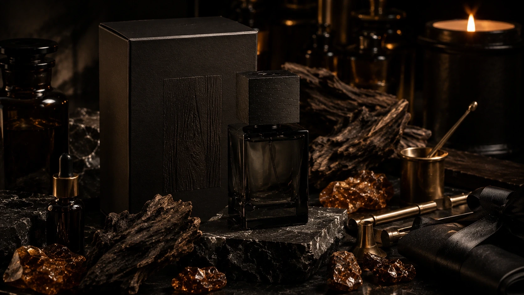 Premium fragrance bottle photographed on black marble with oud wood, crystal accessories, and warm cinematic lighting.