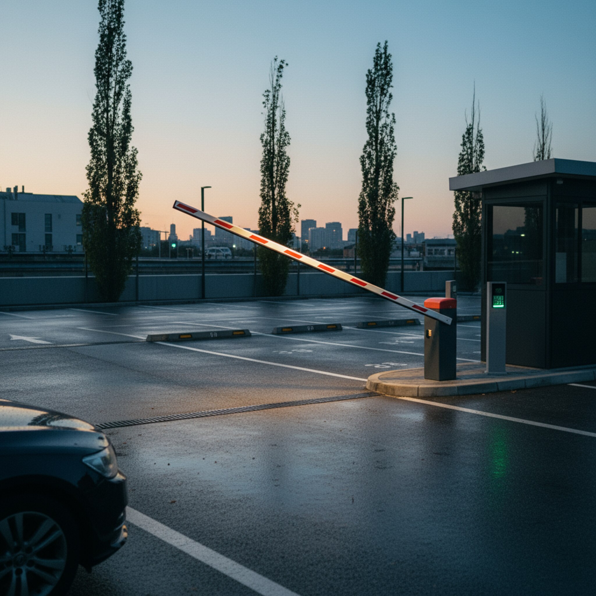 Eine rot-weiße Schranke hebt sich langsam, Scheinwerfer streifen die Unterseite der Stange. Dahinter liegen sauber nummerierte Stellplätze in gleichmäßigen Reihen. Abendliches Licht glitzert auf nassem Asphalt, die Luft wirkt klar und ruhig. Die Szene vermittelt geordneten, berechtigten Zugang.
