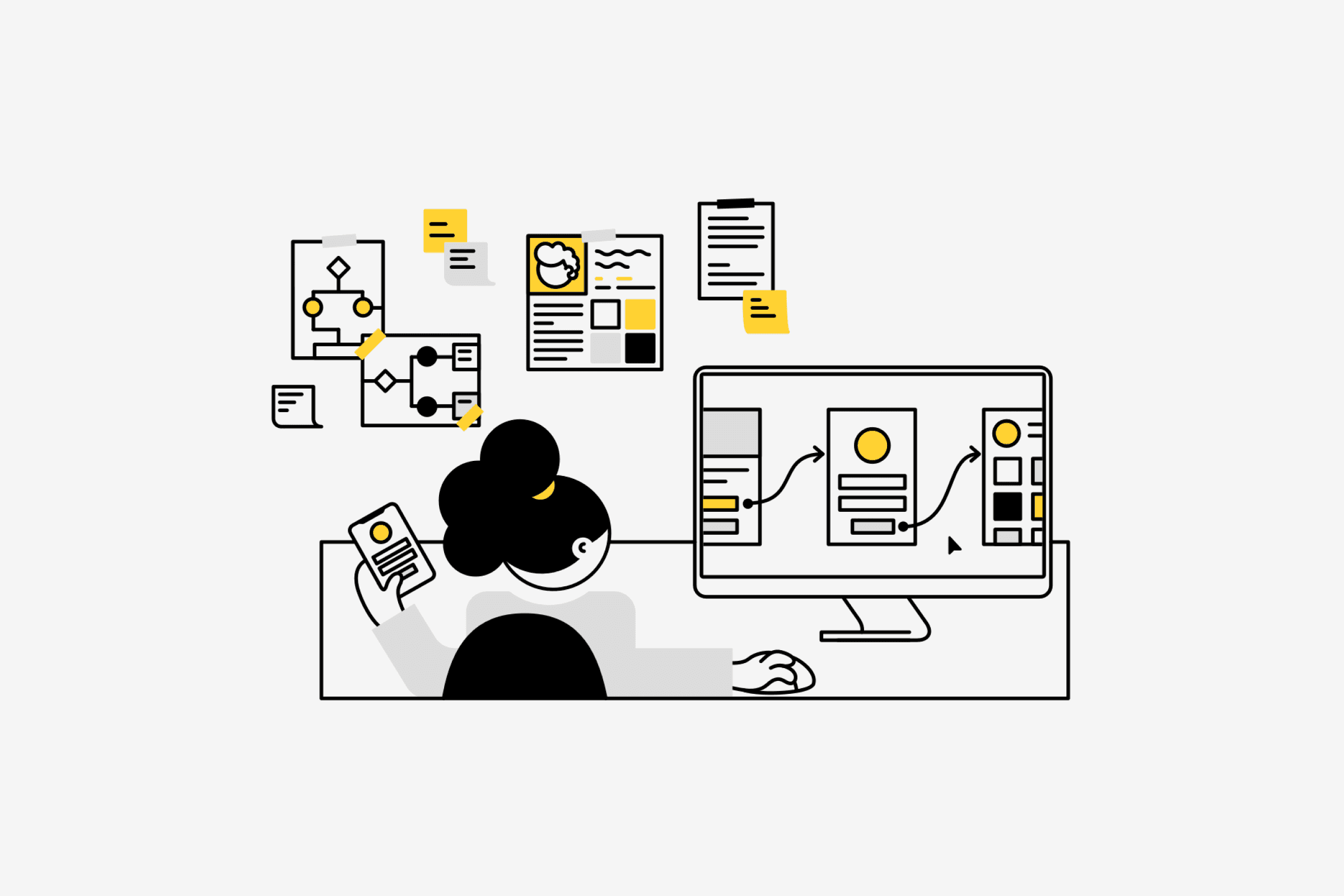 An illustration of a character connecting up the prototypes on a computer