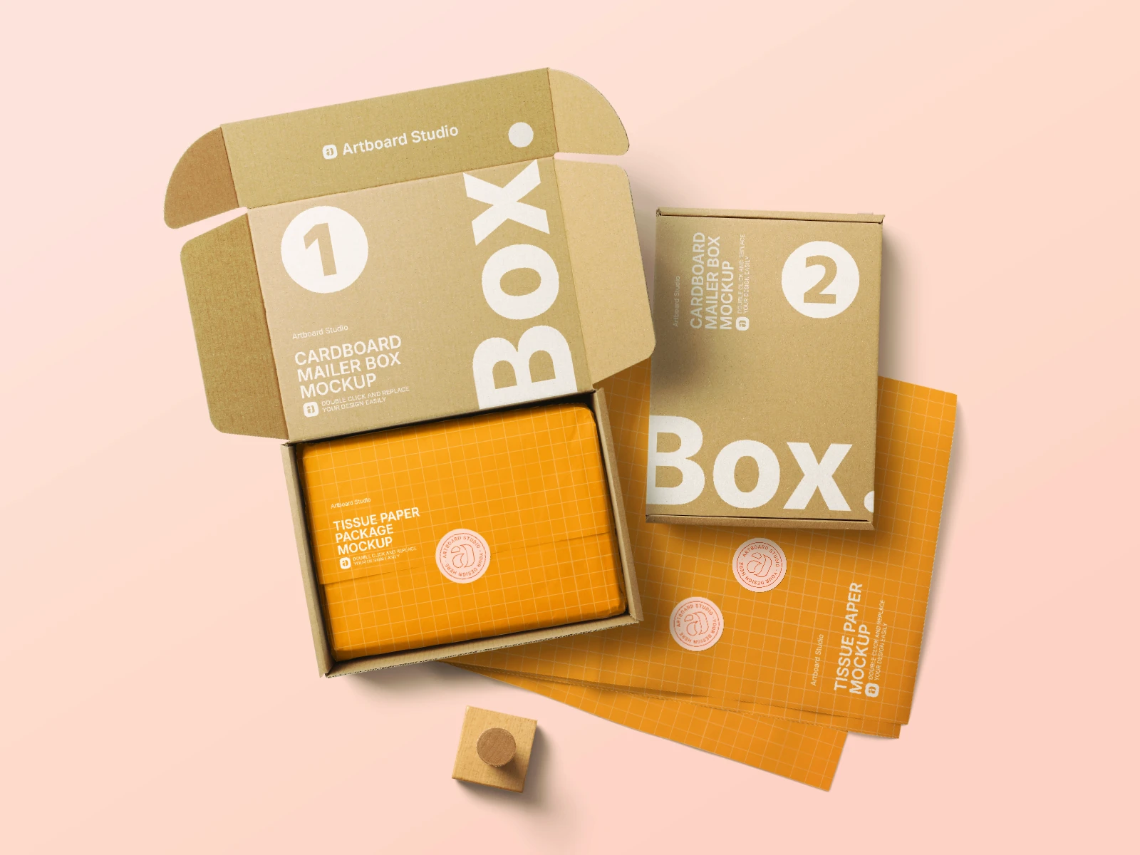 Box packaging mockup with tissue papers and stickers