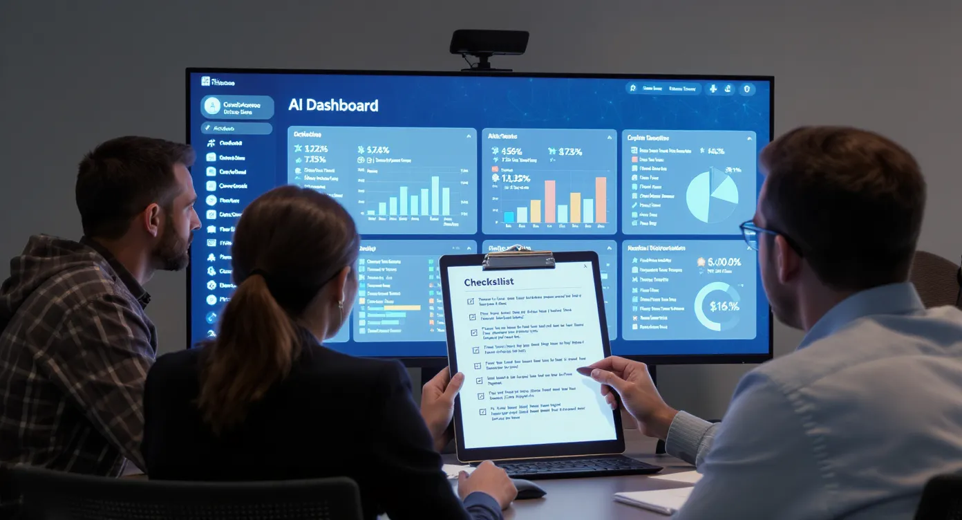 Een mkb-team bekijkt op groot scherm een checklist met datapijplijn, modelprestaties en risicocategorieën terwijl hun AI dashboard in de achtergrond draait.