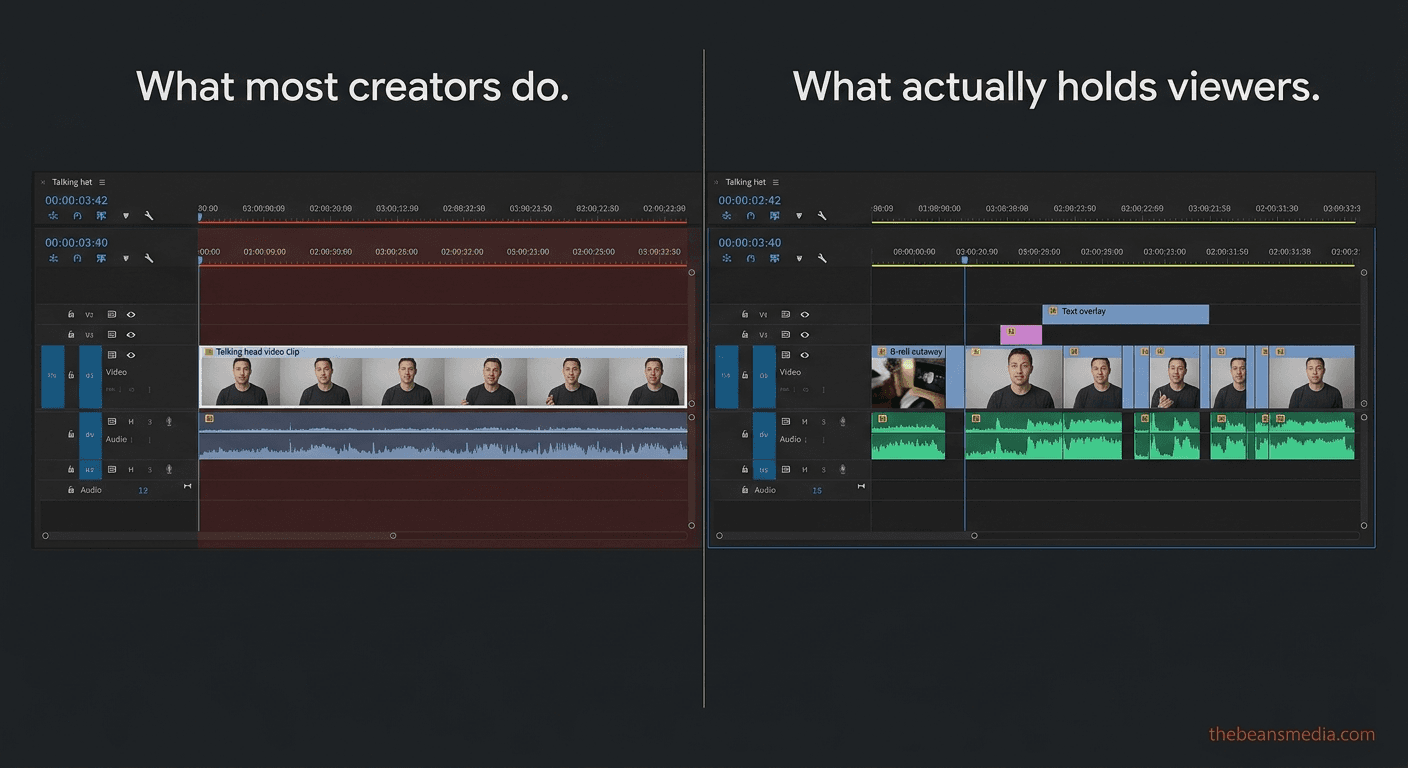 Editing timeline comparison showing talking head video editing techniques for faster hook delivery in the first 30 seconds