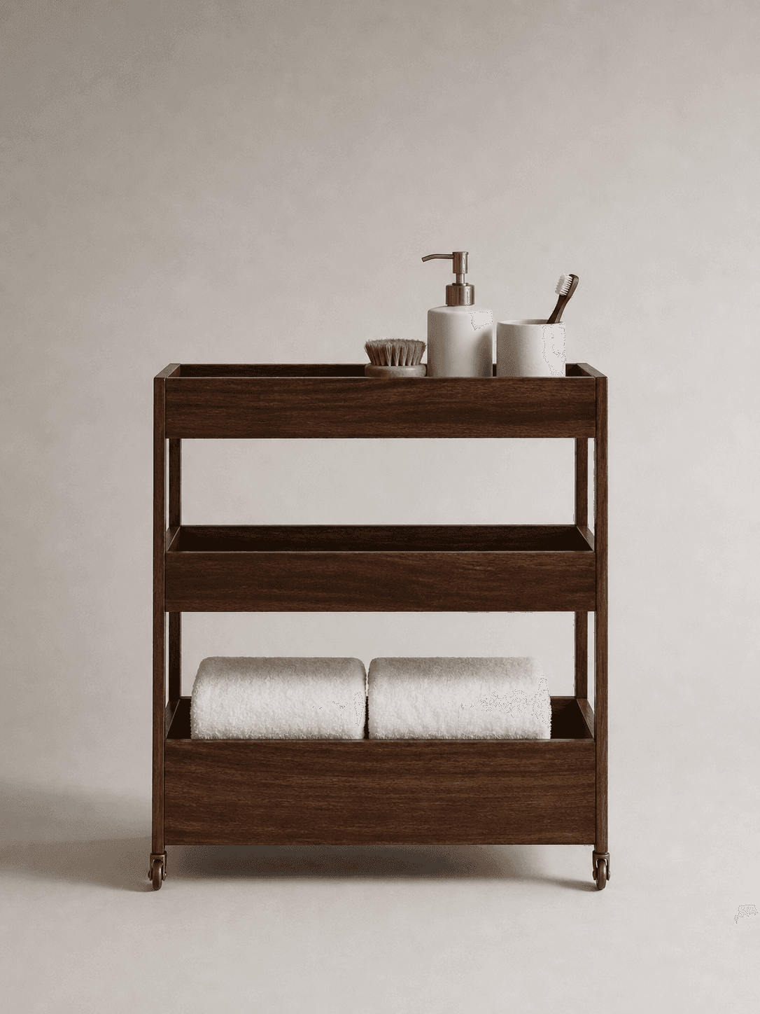 Minimalist wooden cart with bathroom essentials