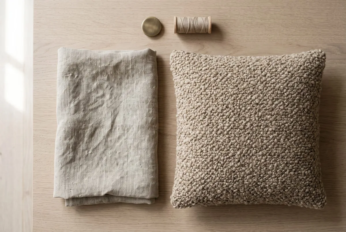 Linen and bouclé fabric laid side by side, seen from above.