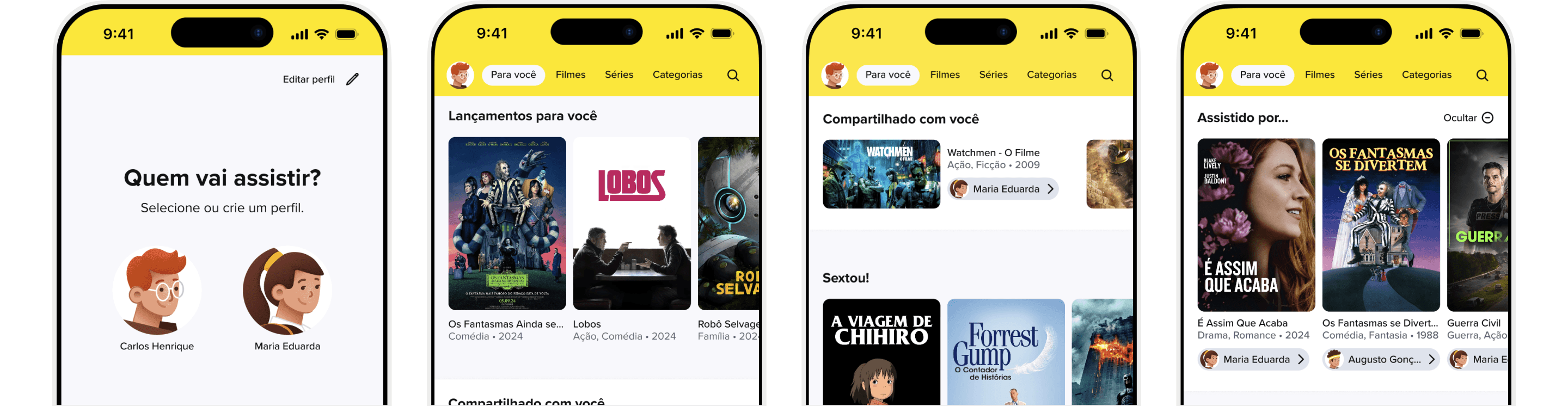 4 telas: escolha do perfil, lançamentos para você, compartilhamento com você e assistido por