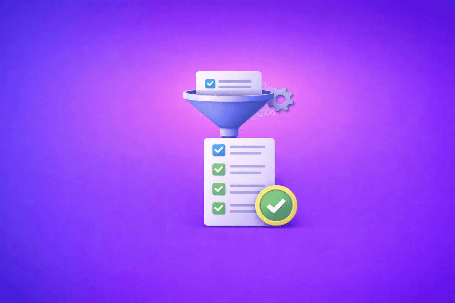 Customer screening fintech illustration with magnifying glass icon on blue to purple gradient background, representing AML compliance, real-time risk assessment, and identity verification for financial institutions.
