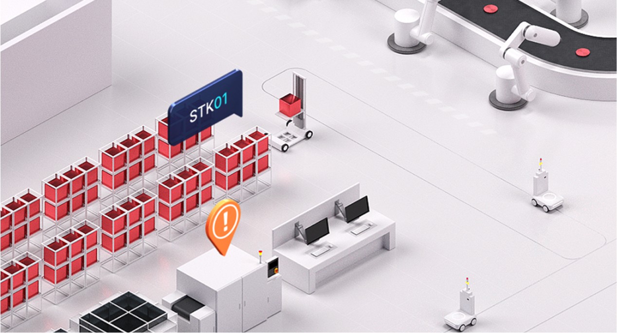 자동 운반 장치와 적재 랙이 배치된 공장 내부 물류 구조