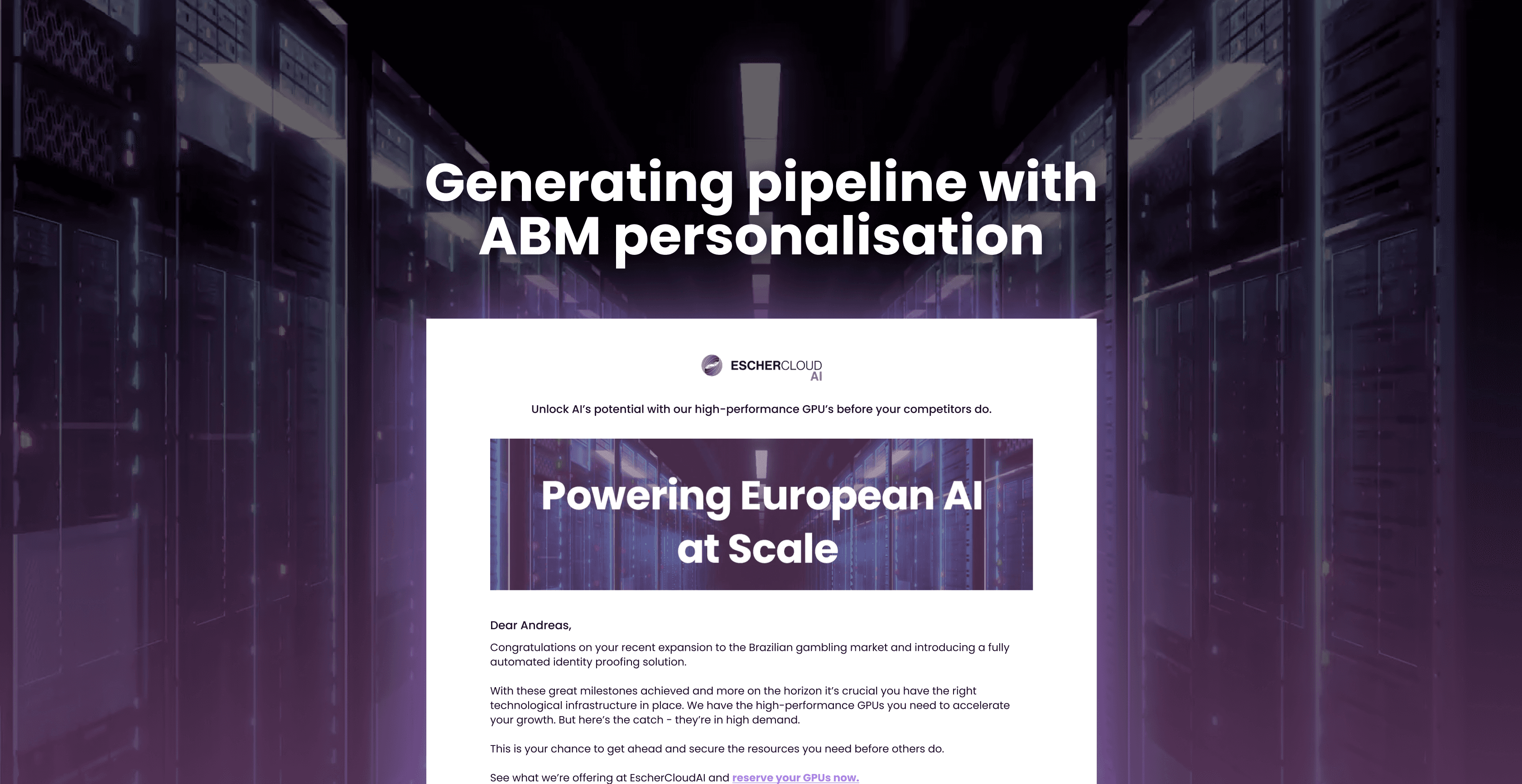 EscherCloud AI branding applied to a LinkedIn-style email preview with the subject line “Powering European AI at Scale,” highlighting a personalised campaign asset.