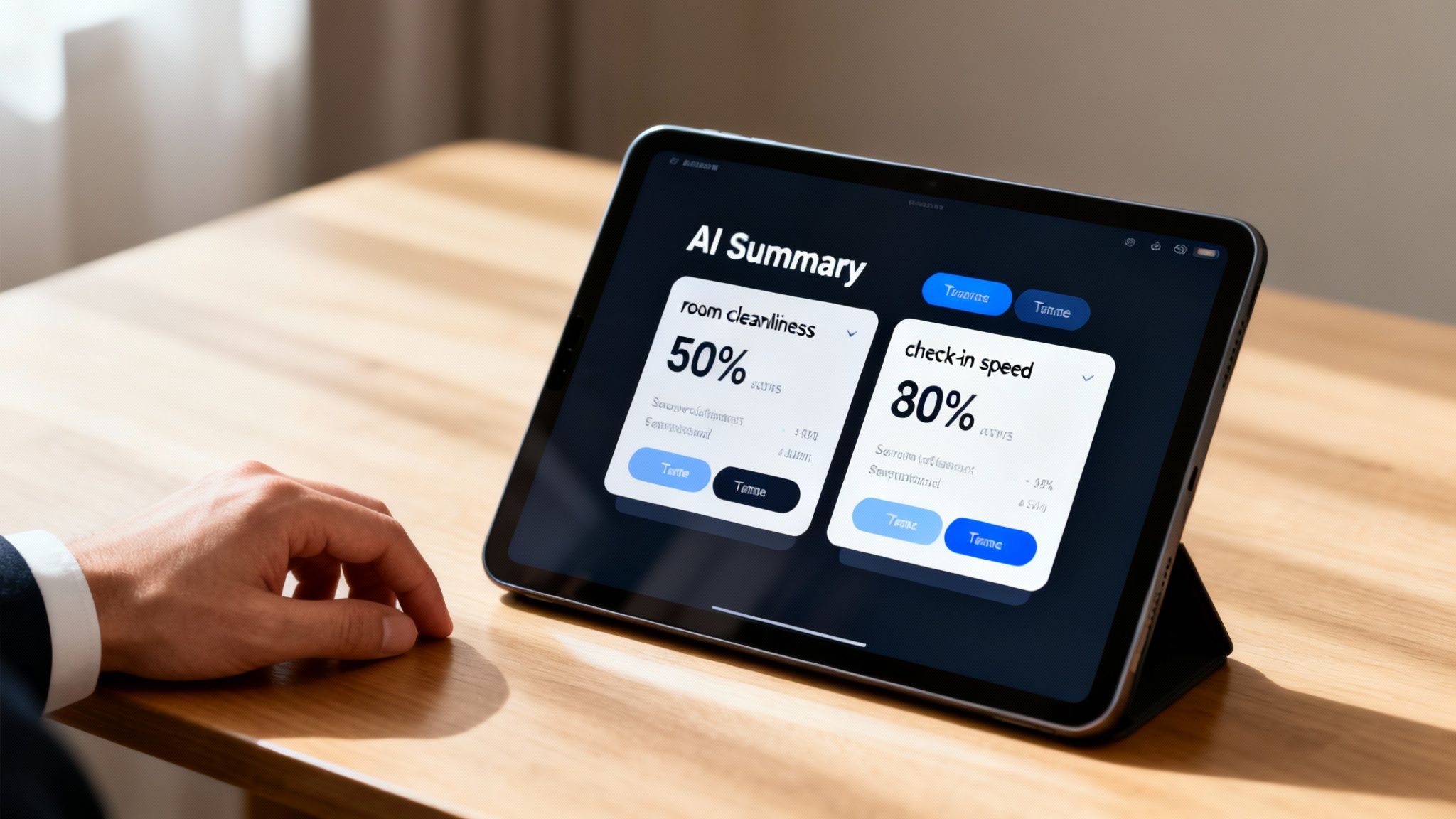 A tablet on a wooden desk displaying an AI summary dashboard with room cleanliness and check-in speed metrics.