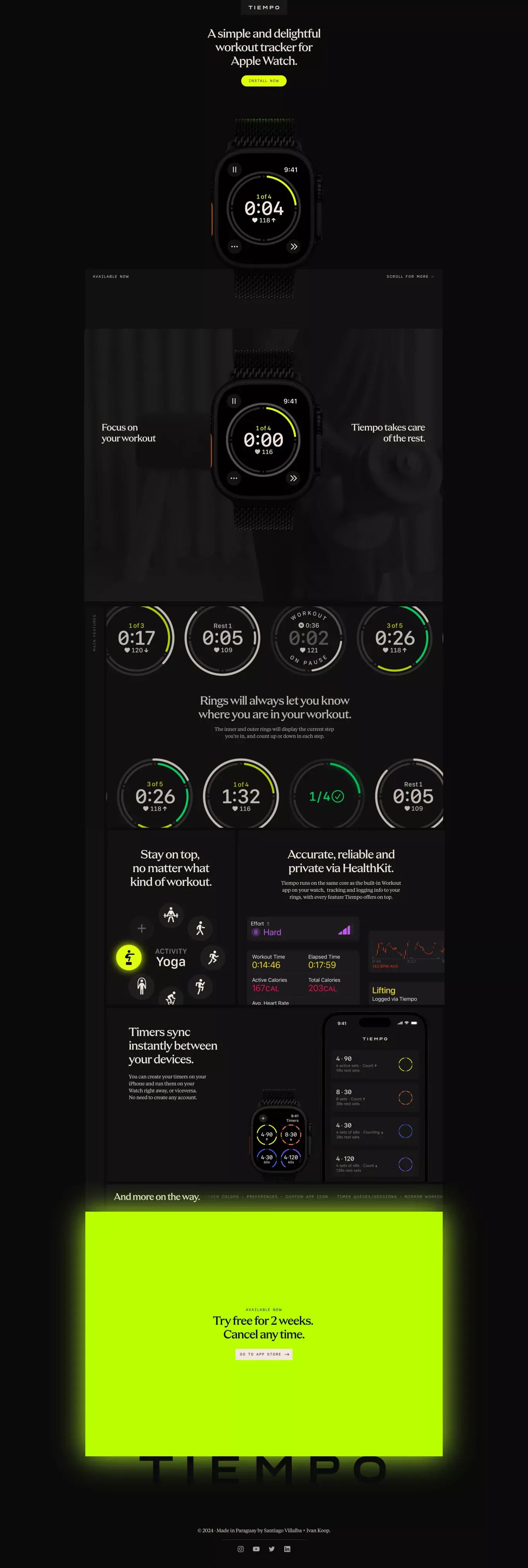 Tiempo landing page screenshot showcasing Health & Fitness and Sport design