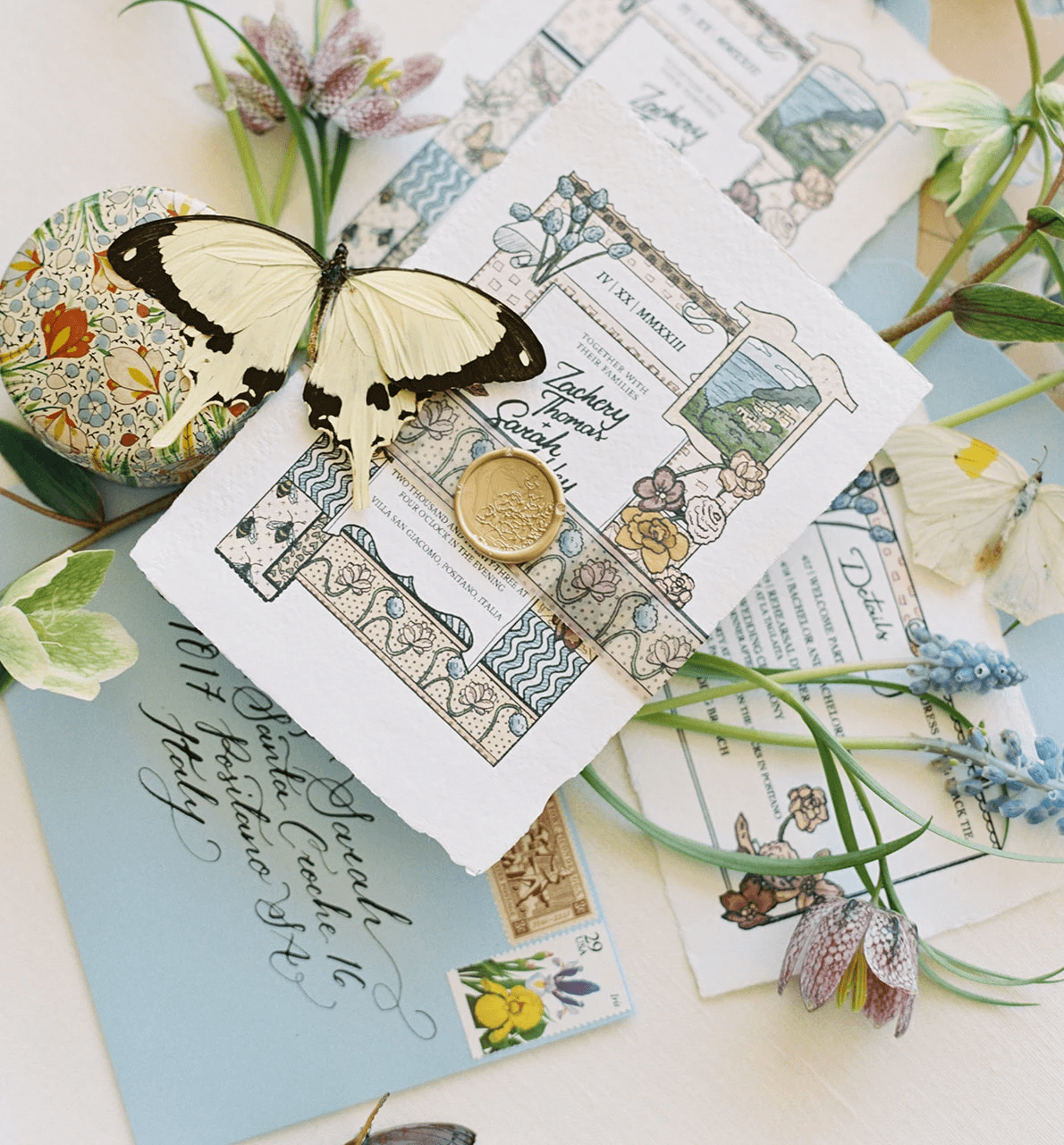 Whimsical, colorful custom wedding invitations for a wedding in Positano Italy featuring bees and forals.