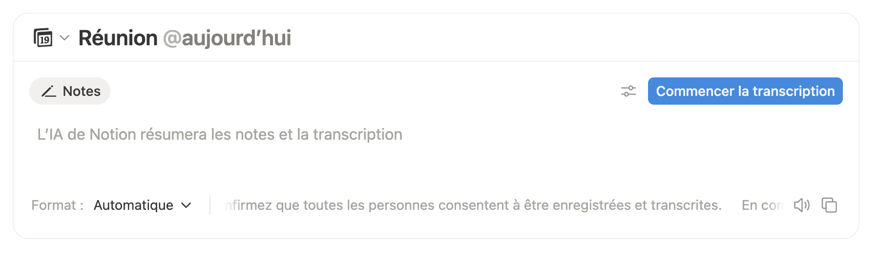 Bloc de réunion dopée à l'IA dans Notion