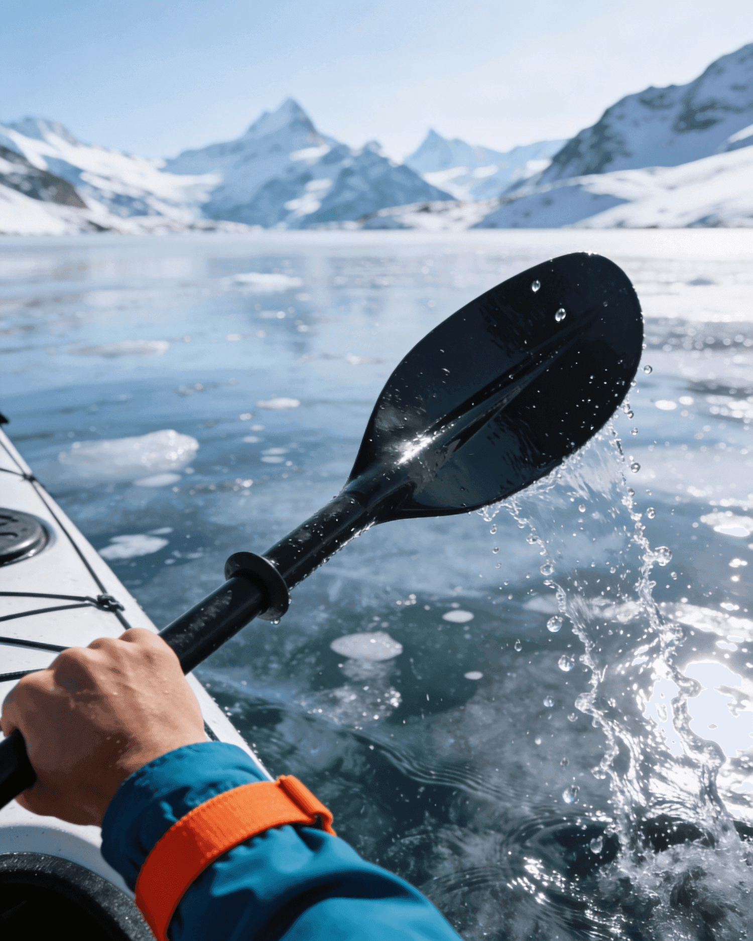 Kayaker paddling across icy lake with snow-covered mountains in background