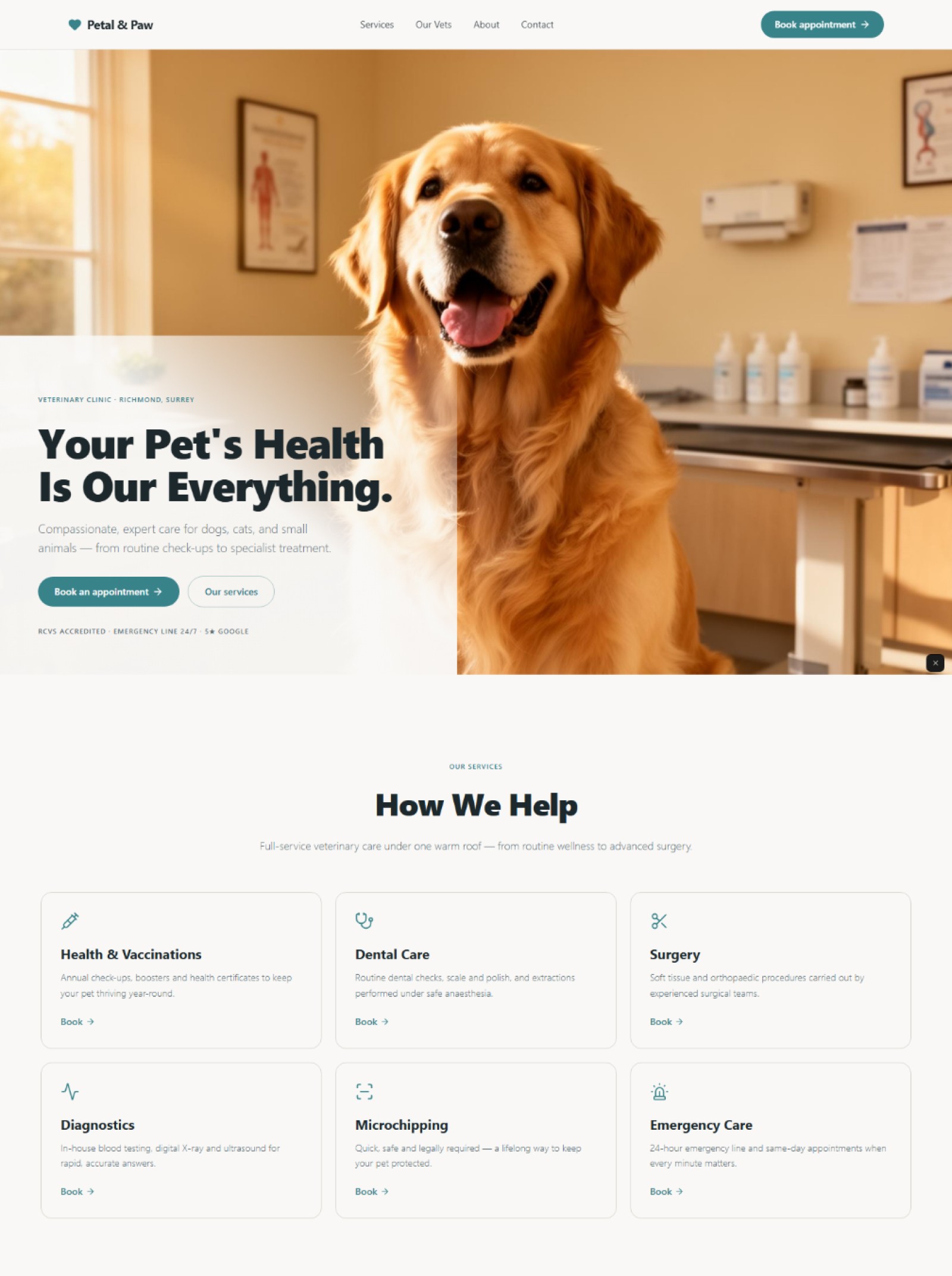 Vet clinic website prompt — warm white and deep teal veterinary clinic website design preview