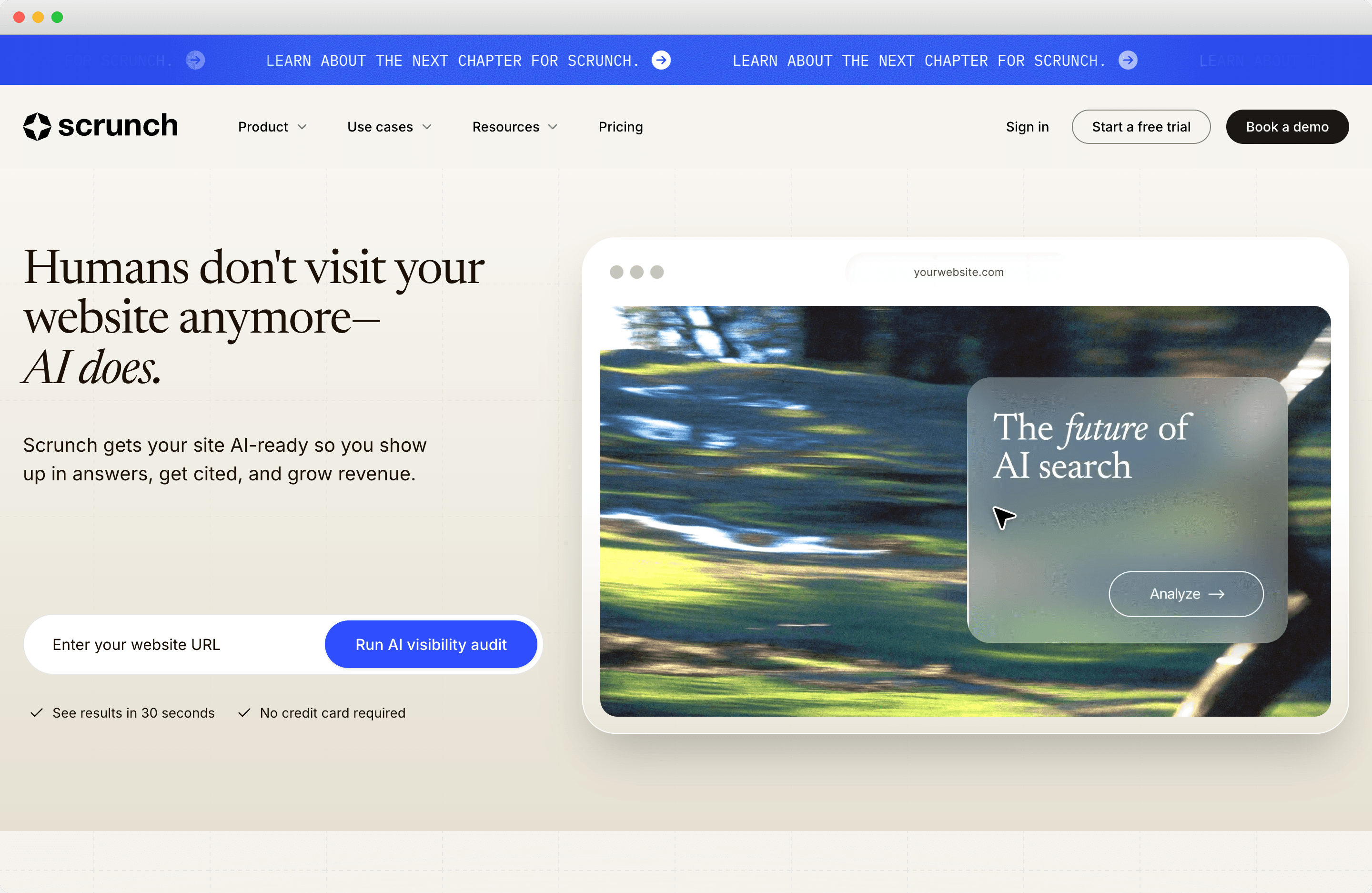 The Scrunch homepage, showing its AI visibility platform
