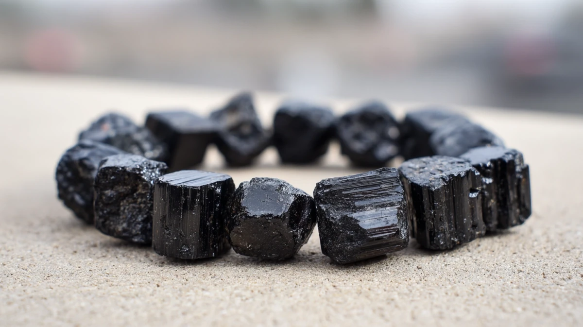 Raw-chunk black tourmaline bracelet showing natural ridged edges
