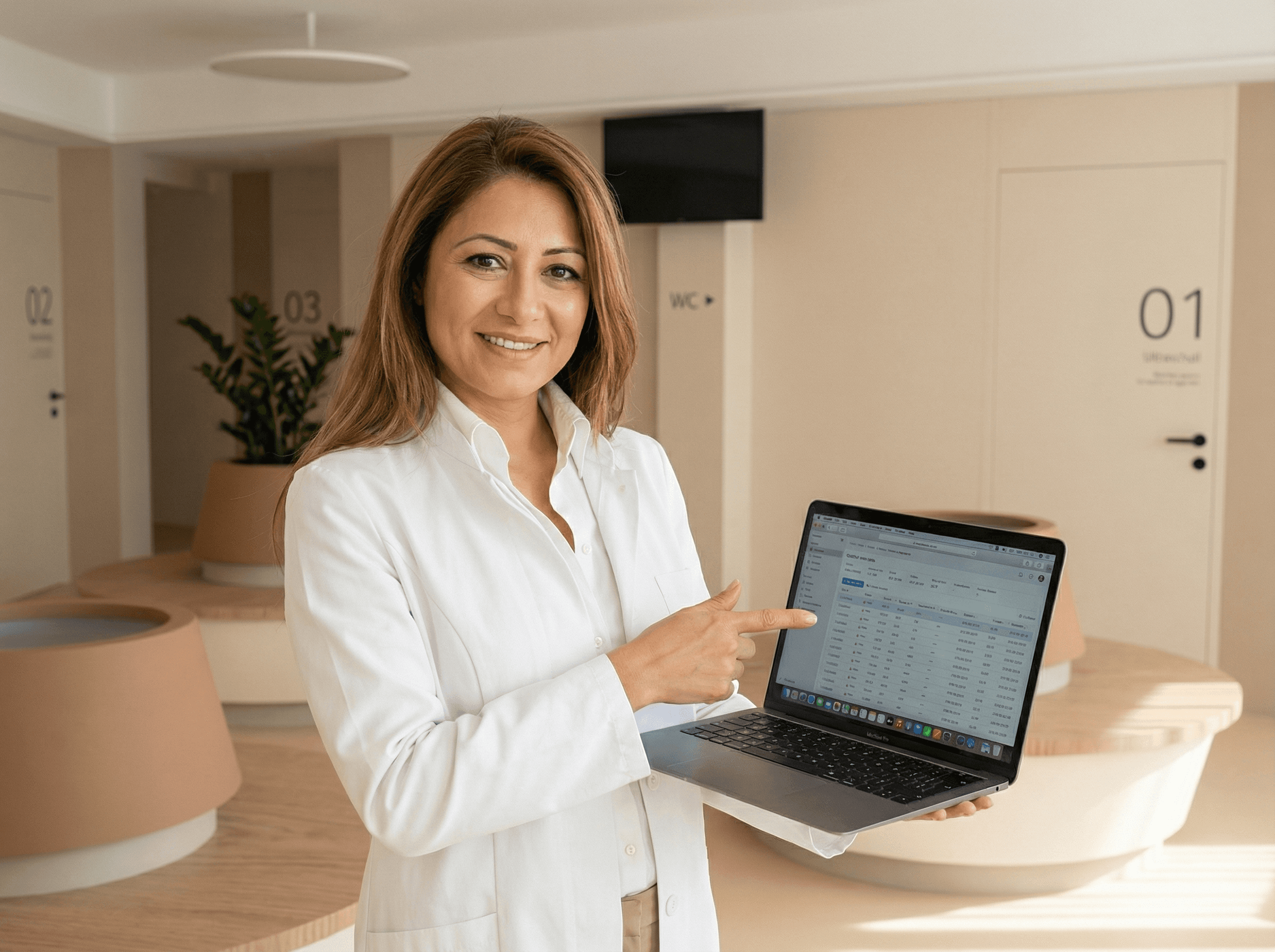 A woman in a white blazer smiles and points at a laptop screen in a modern office setting.