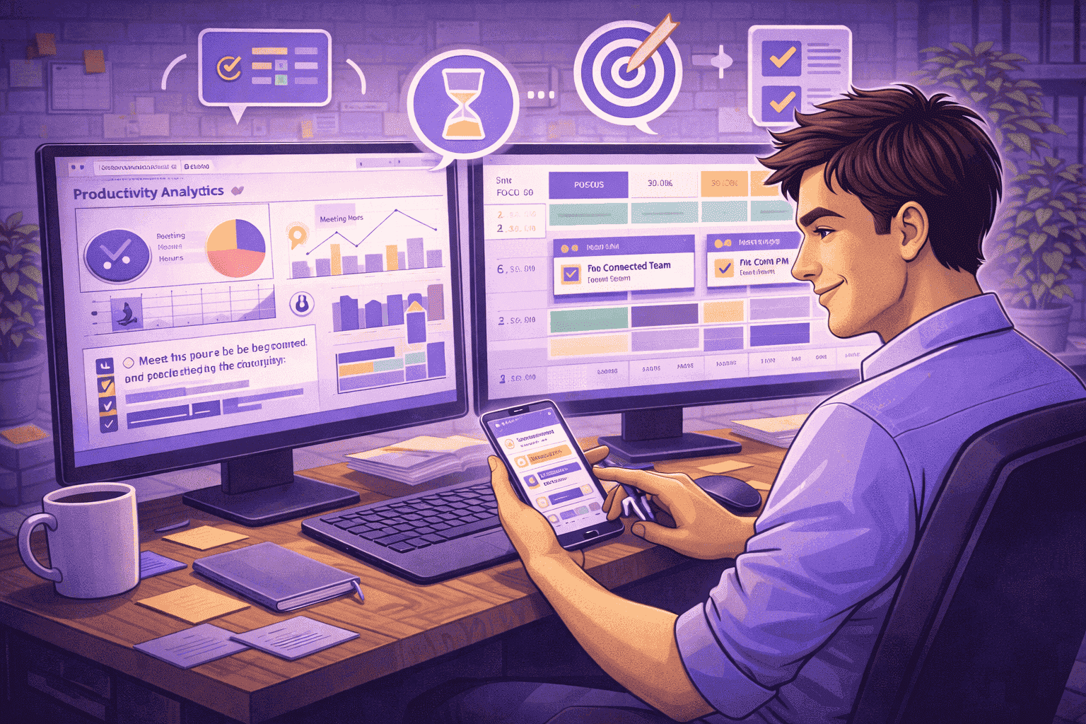 Team leader analyzing productivity data and scheduling meetings strategically to improve team efficiency and maximize results