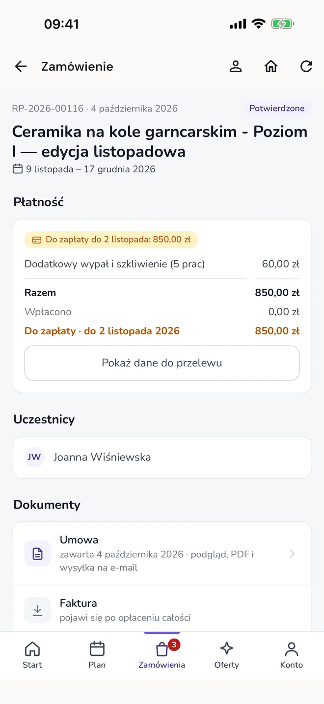 Aplikacja ReservePro: zamówienie z płatnością, uczestnikiem i dokumentami