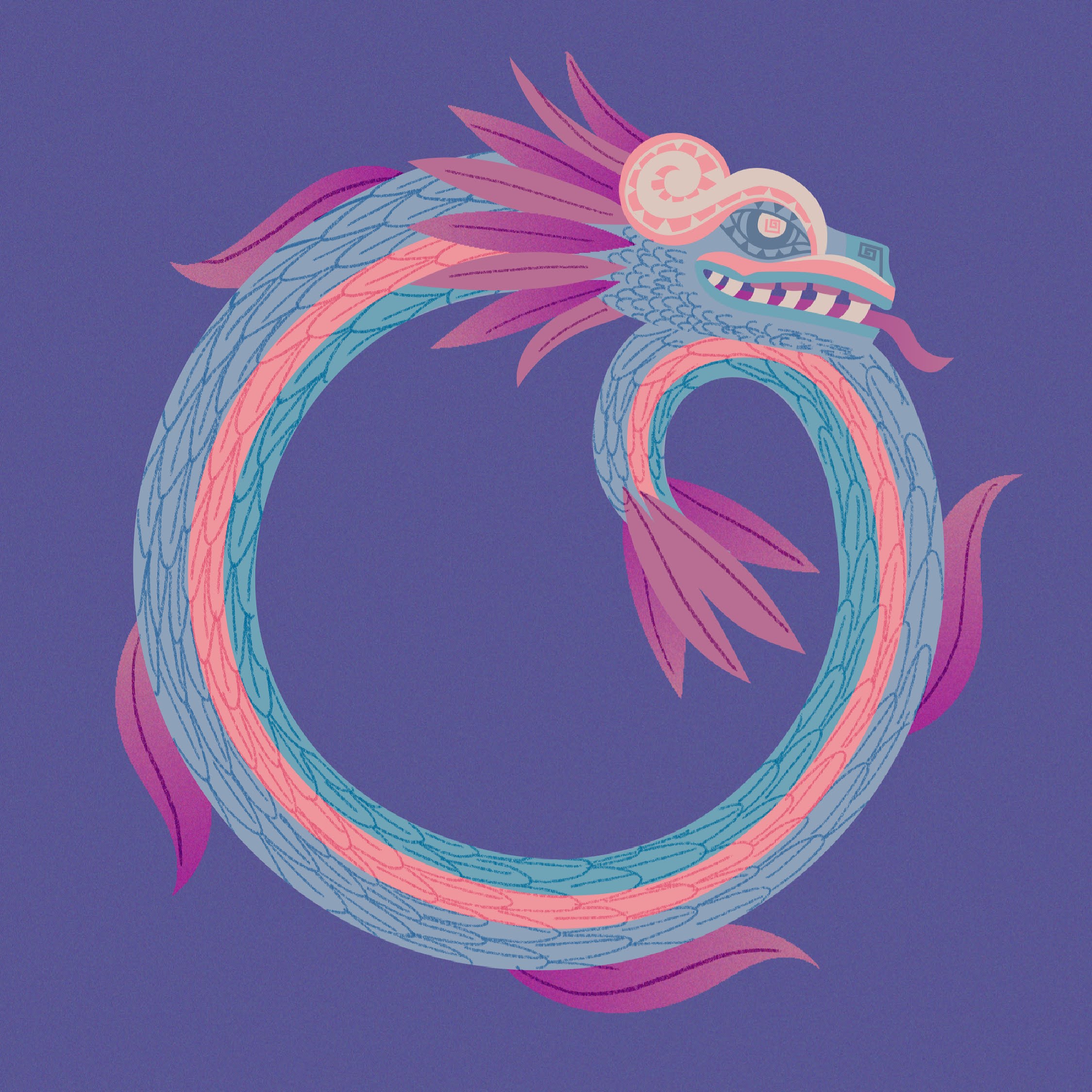 An illustrated feathered serpent curved in the form of a lowercase 'a'.