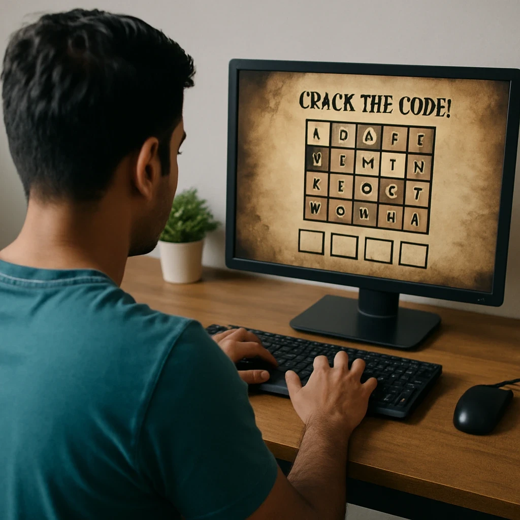 Indian male cracking code of an online escape game on The Hidden Hour portal