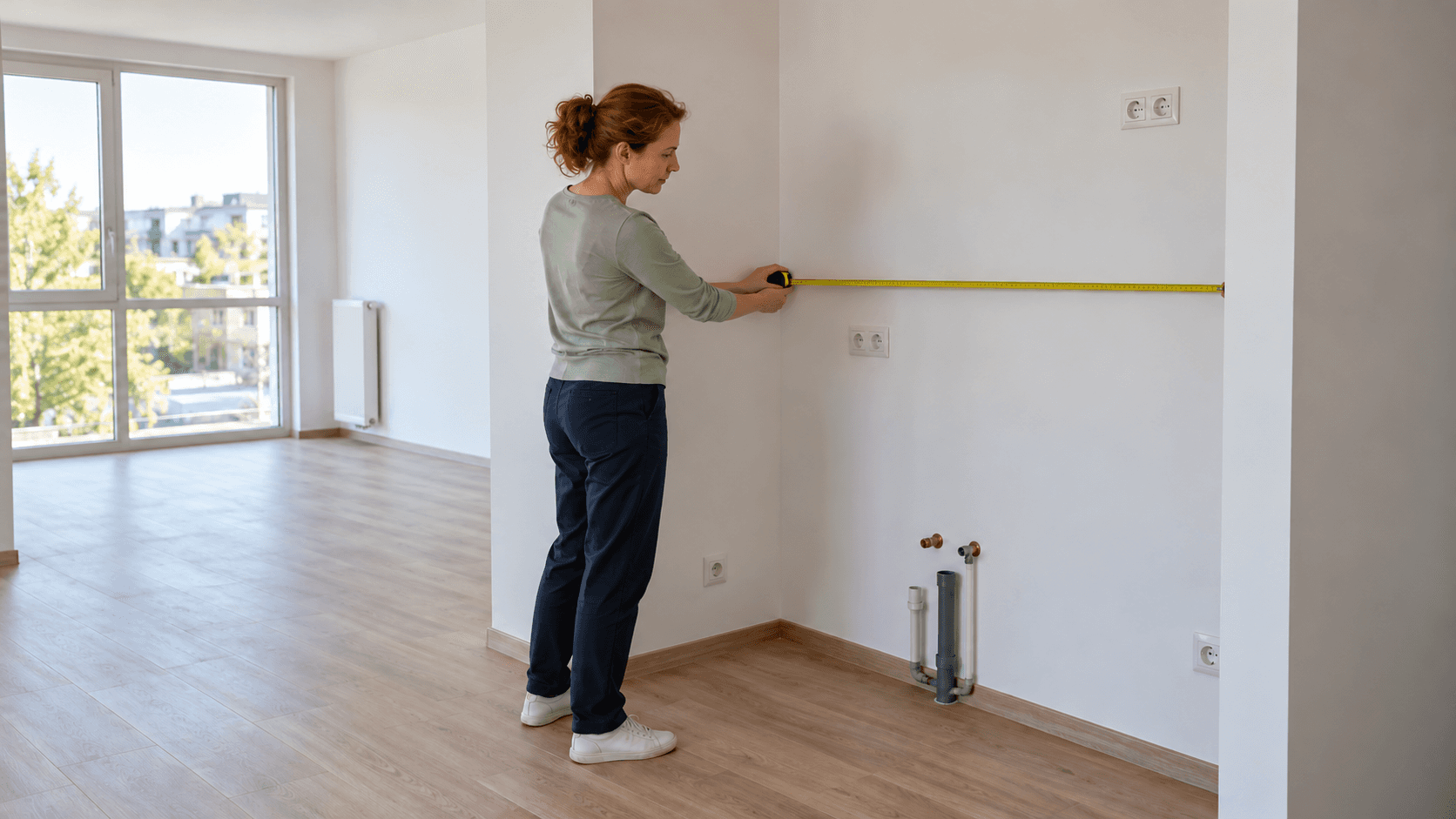 Une femme mesure l’emplacement d’une cuisine dans un appartement neuf encore vide.