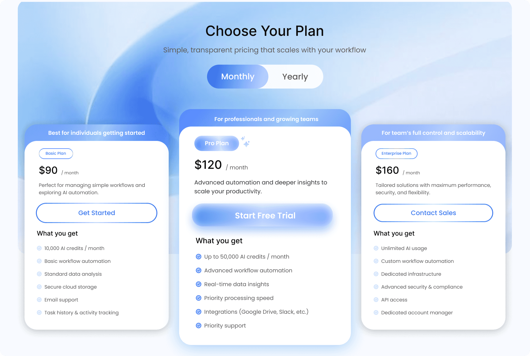 The pricing section is designed for clarity and decision-making. Plans are structured with clear differentiation, highlighting the most recommended option to guide user choice. Key features are presented in a scannable format, reducing friction and helping users evaluate value quickly.