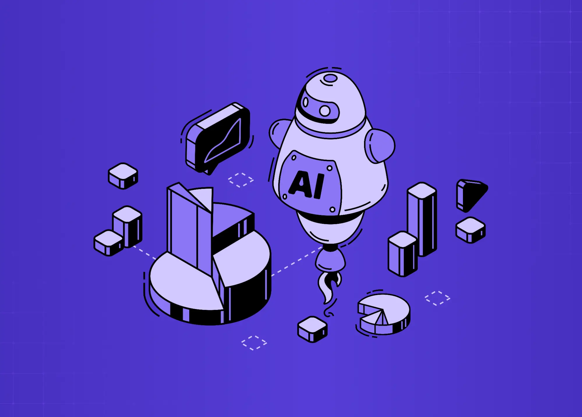 Illustration of a floating AI robot surrounded by charts and analytics elements in a futuristic purple-themed isometric scene. 