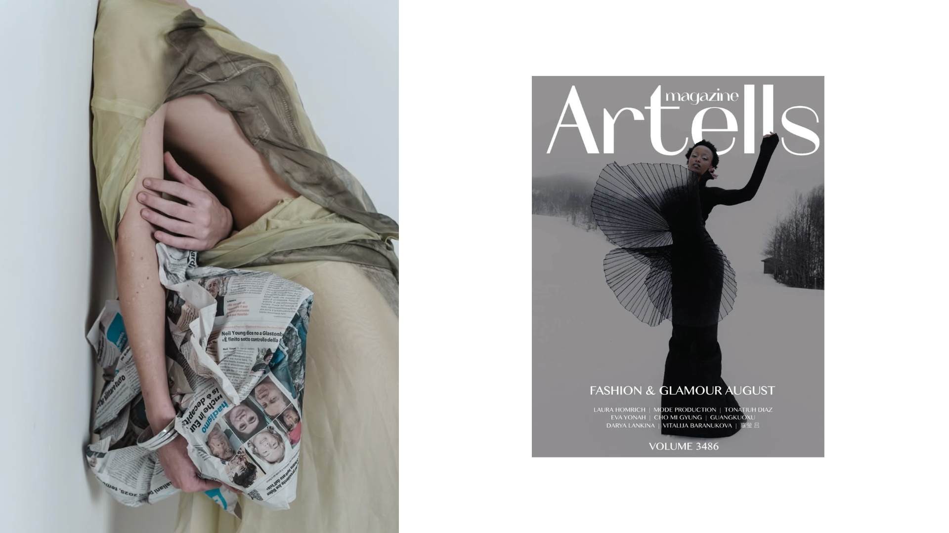 Editorial art photography featuring a model wrapped in sheer fabric holding newspaper, paired with a fashion magazine cover image shot by Laura Homrich for Artells.