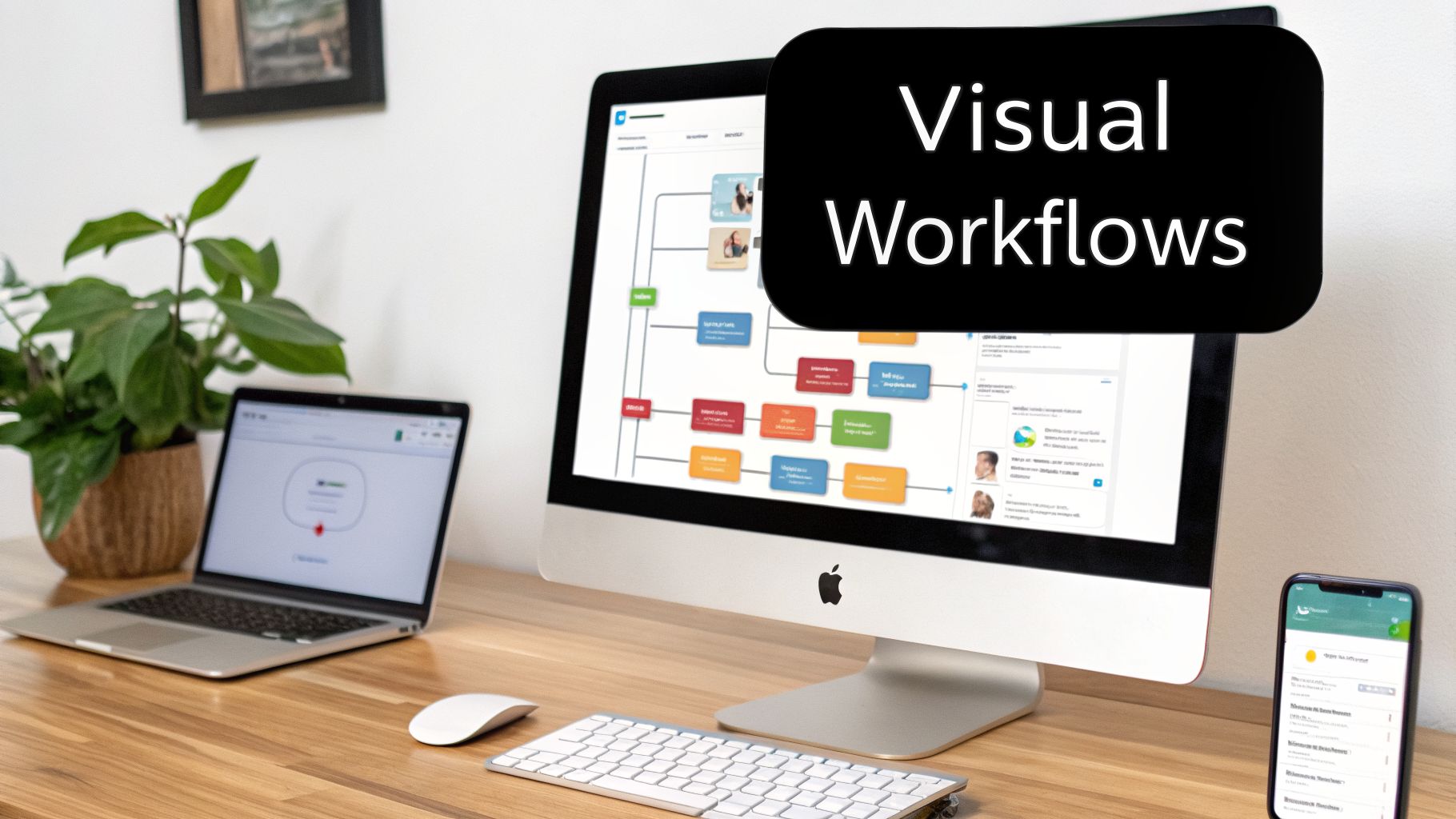Modern office desk with an Apple iMac displaying visual workflows, a laptop, and a smartphone.