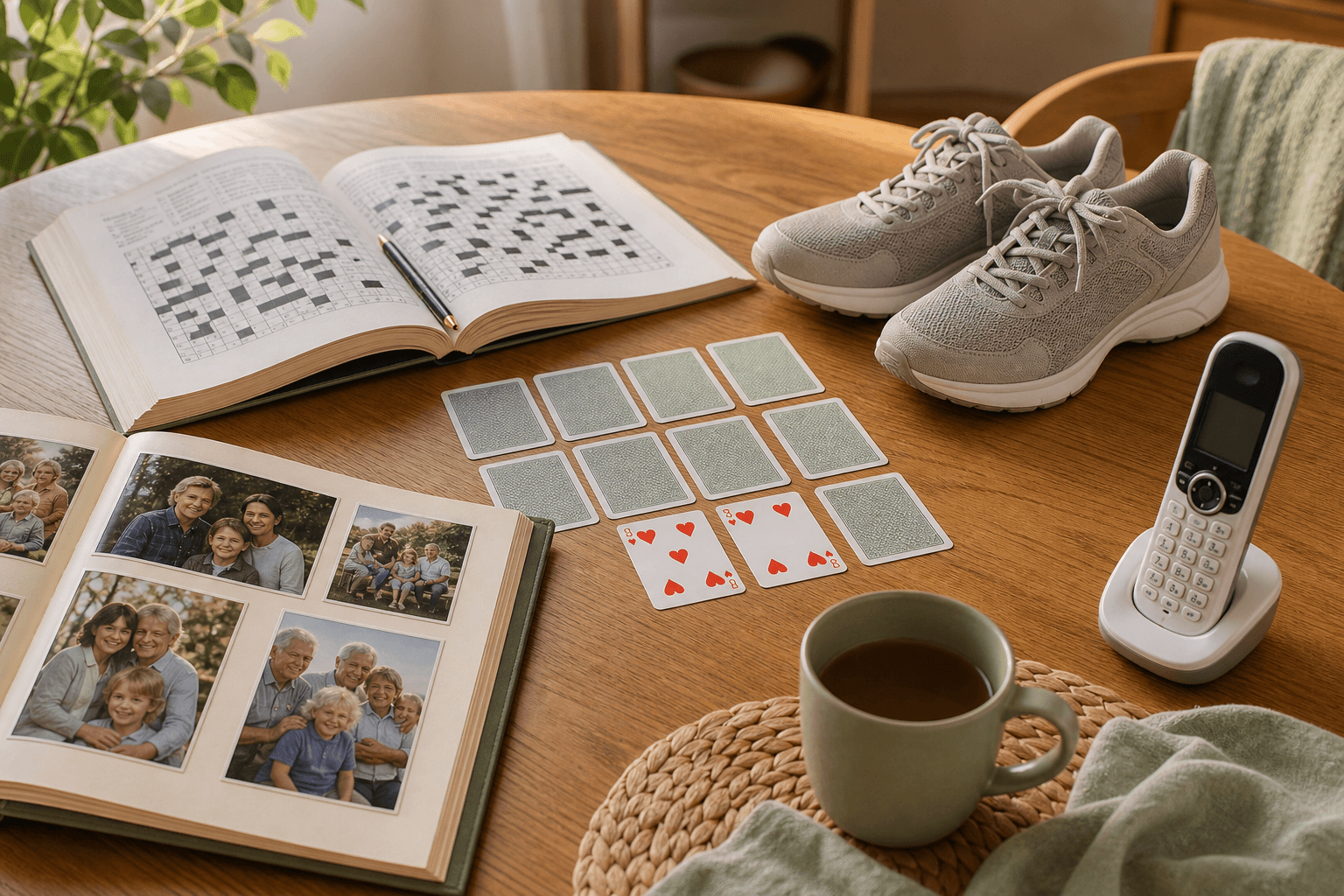 This image shows a well-lit wooden table containing various items associated with leisure and memory activities. There is an open photo album displaying family pictures, a crossword puzzle book open with a black pen placed inside, a game of face-down playing cards with two cards (eight of hearts) face-up, and a pair of beige sneakers. A cordless phone is placed on its charging base nearby, and a green ceramic mug filled with a warm beverage sits on a round woven placemat. A greenish cloth or scarf lies adjacent to the mug. The setting suggests a comfortable environment for recreational or cognitive activities, possibly designed for seniors or family engagement.