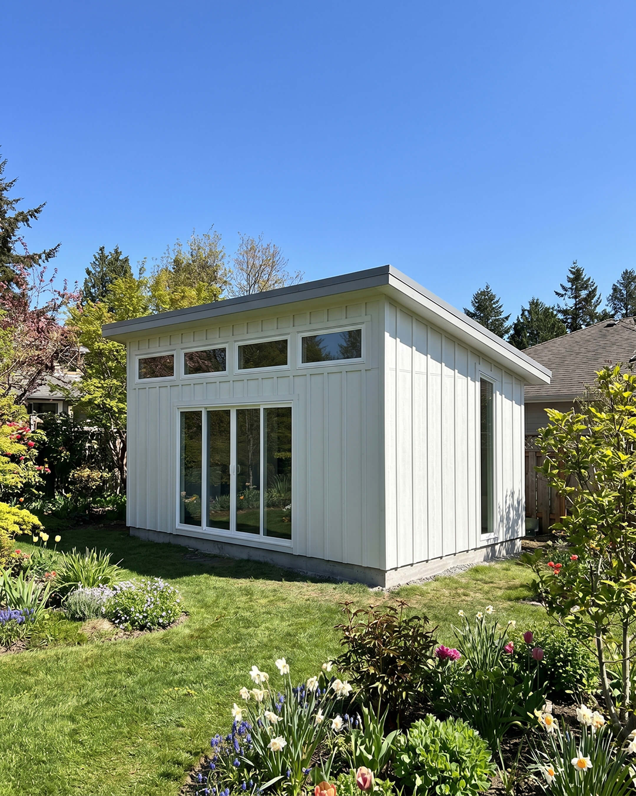 Front-right view of a modern white 12x20 shed with large sliding glass doors, high windows and a mono pitch roof in a flower garden.