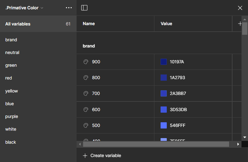 Primitive color variables screen in Figma