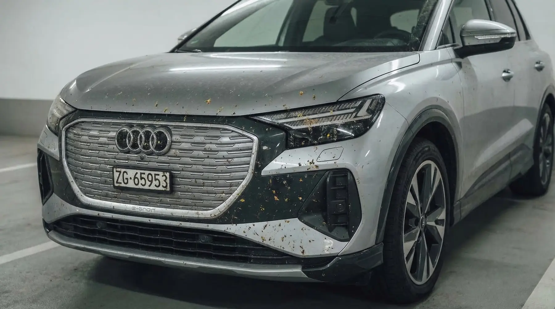 Résidus d’insectes sur la carrosserie d’une Audi Q4 e-tron