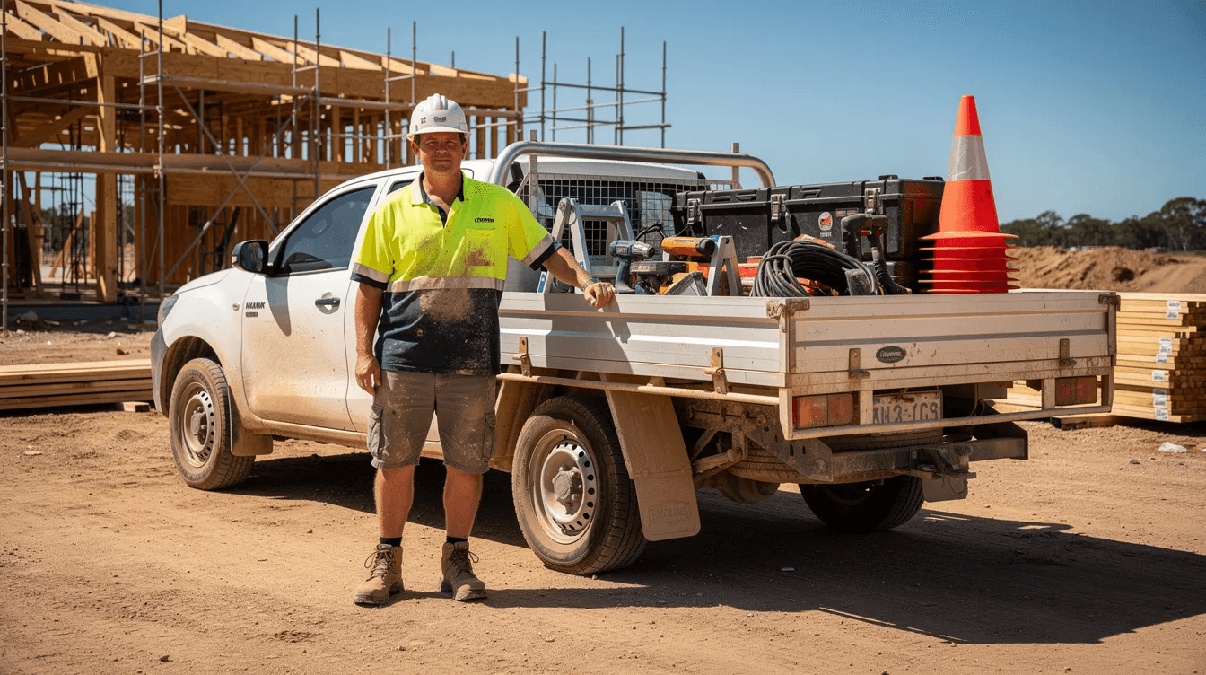 An Australian tradesperson stands next to a white ute parked at a construction site, with various business equipment loaded in the tray, highlighting the importance of equipment finance for meeting business needs and ensuring cash flow. The scene emphasizes the tradesperson's role in managing their business's financial health while utilizing the right equipment financing options.