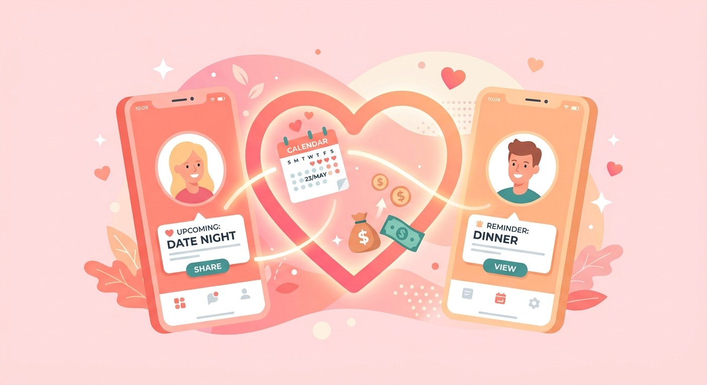 Couples shared planner app illustration with two phones and shared calendar